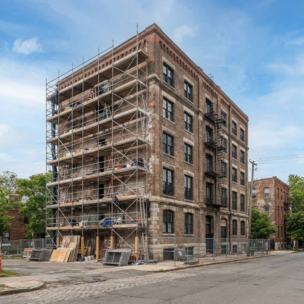 Older brick building with scaffolding during a restoration project